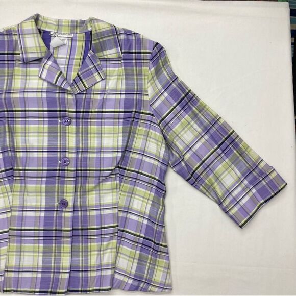 Dress Barn Blazer SZ L Purple Green 3/4 Sleeves Plaid Office Wear Vintage Light - Picture 3 of 10